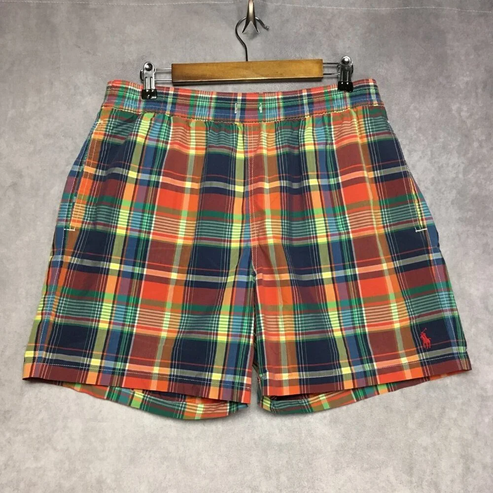 Polo RL Mens Plaid‎ Swim Trunk Shorts size Large Red Green Mesh Inner Briefs